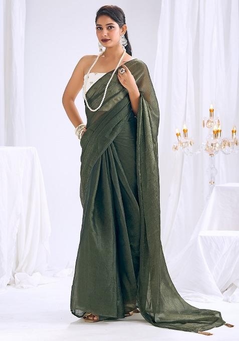Olive Solid Silk Blend Saree Set