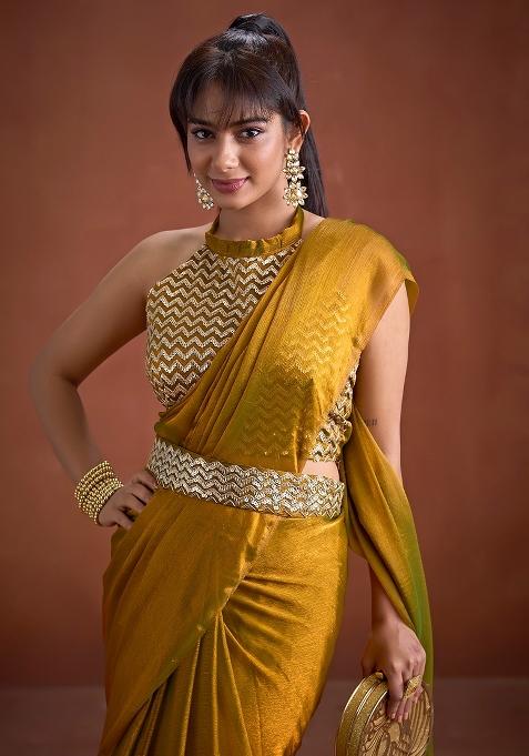 Golden Solid Silk Saree Set — view on Indya