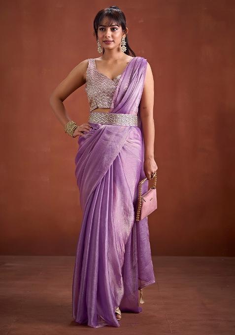 Lavender Solid Silk Saree Set