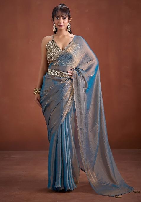 Metallic Solid Silk Blend Saree Set