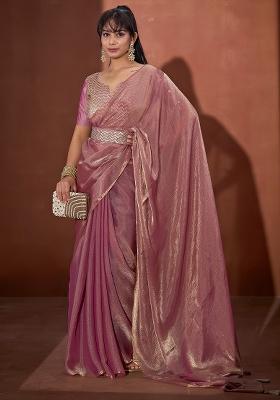 Pink Solid Silk Blend Saree Set