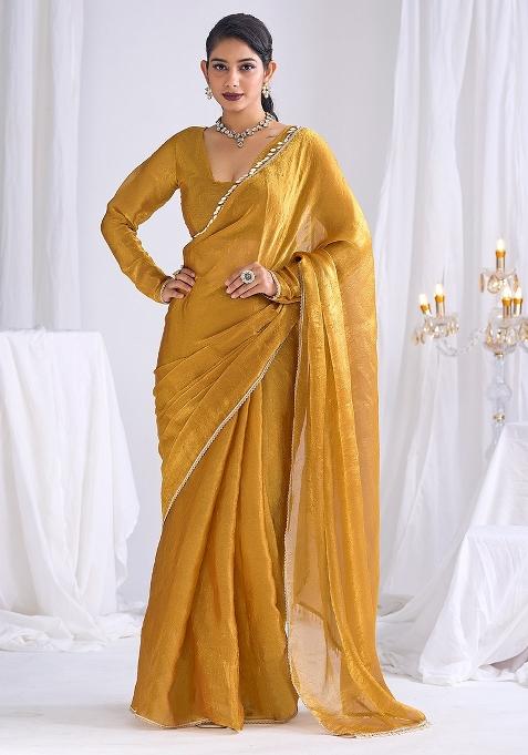 Golden Embellished Silk Saree Set
