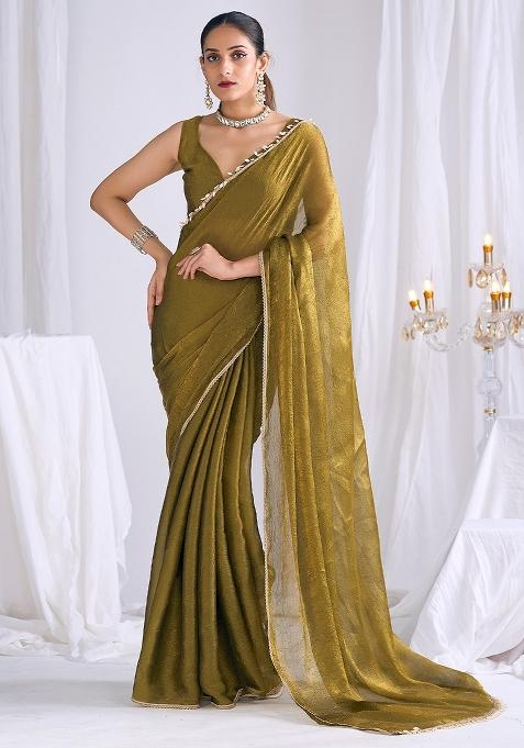 Olive Embellished Silk Blend Saree Set