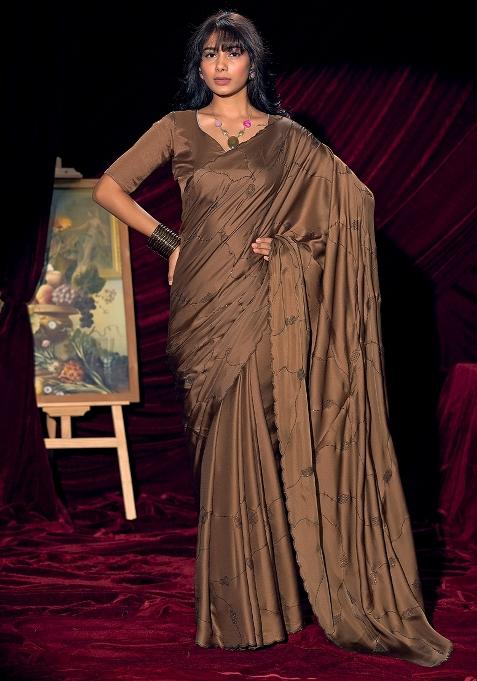 Coffee Brown Embellished Silk Saree Set