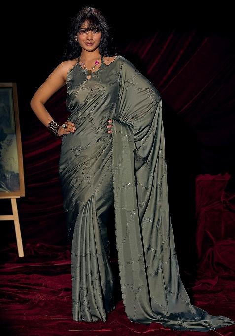 Olive Embellished Silk Blend Saree Set