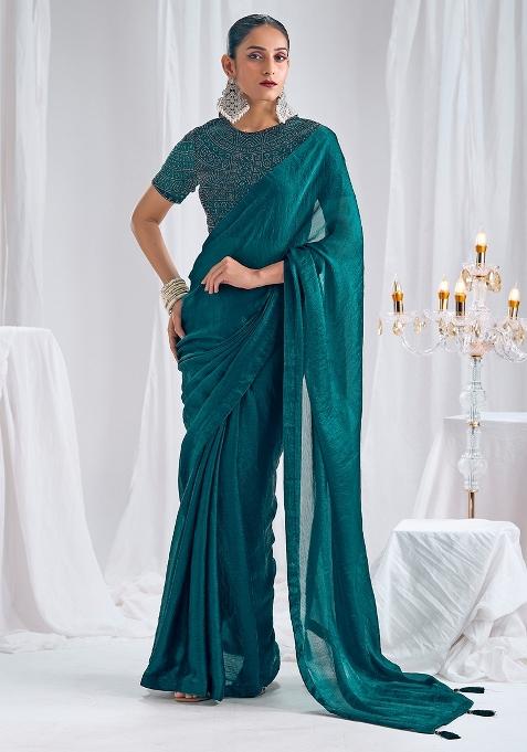 Teal Green Solid Silk Saree Set — view on Indya
