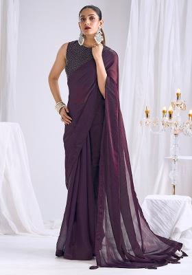 Wine Solid Silk Blend Saree Set