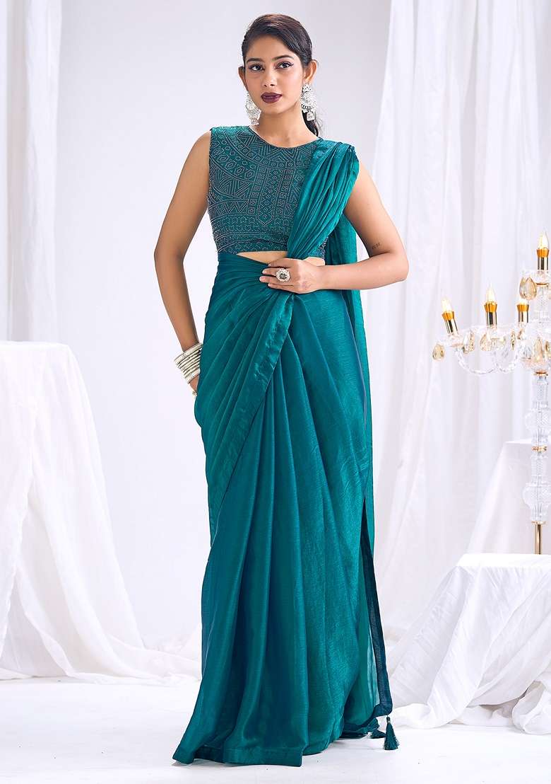 Teal Blue Solid Silk Blend Saree Set for Diwali and Festive Wear - Indya