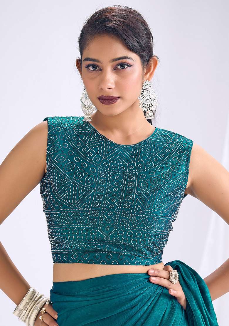 Teal Blue Solid Silk Blend Saree Set for Diwali and Festive Wear - Indya
