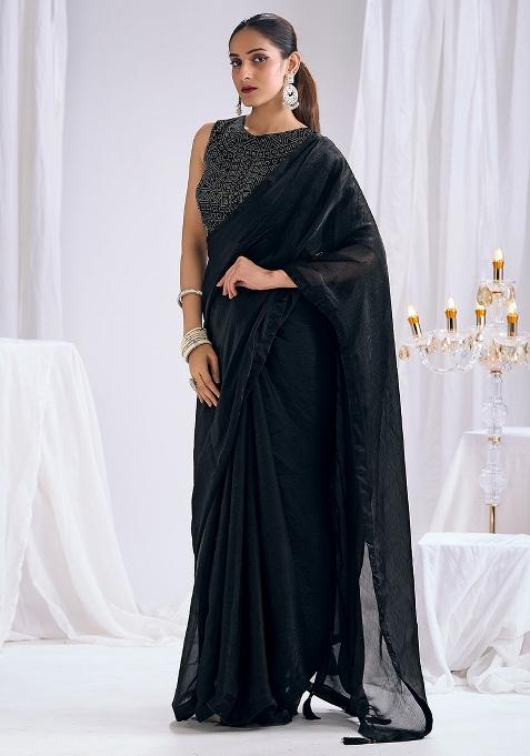 Black Solid Silk Saree Set