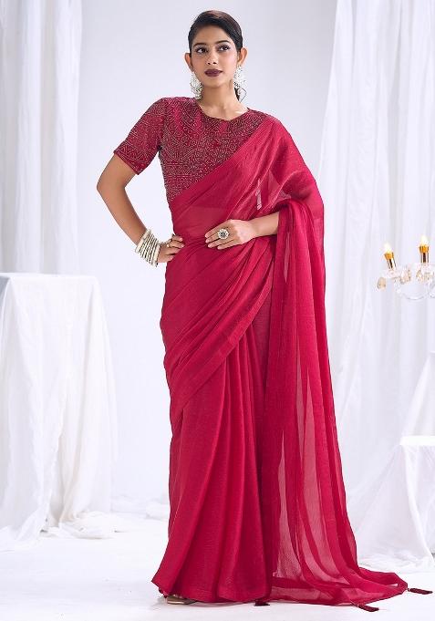 Red Solid Silk Saree Set