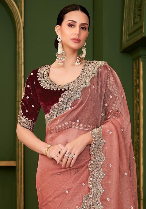Rose Gold Embellished Tissue Saree Set