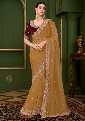 Camel Brown Embellished Tissue Saree Set