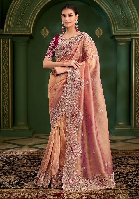 Rose Embellished Tissue Saree Set