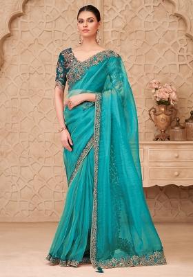 Turquoise Embellished Georgette Saree Set