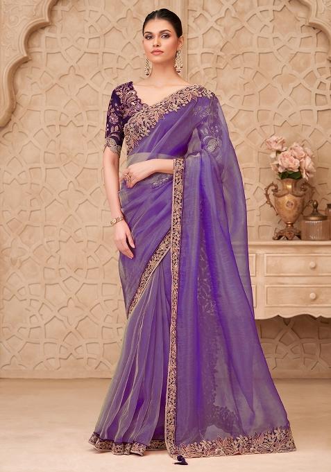 Lavender Embellished Georgette Saree Set