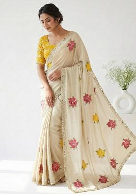 Cream Embroidered Georgette Saree Set