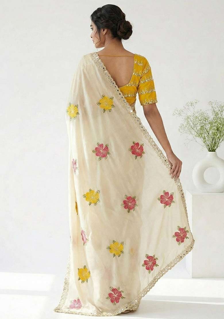 Cream Georgette Saree Set with Embroidered for Diwali | Wedding & Festive Wear - Indya