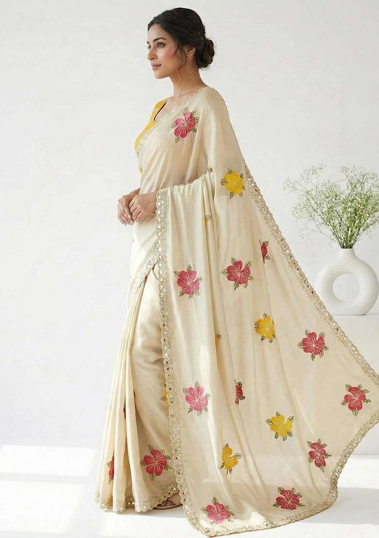 Cream Georgette Saree Set with Embroidered for Diwali | Wedding & Festive Wear - Indya