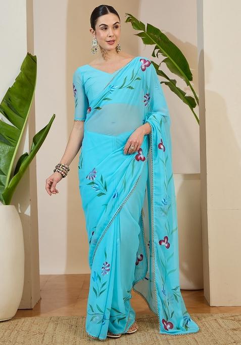 Aqua Blue Printed Georgette Saree Set
