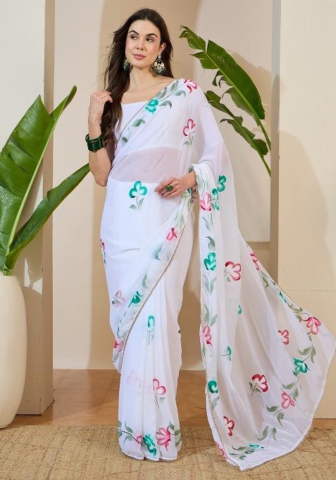White Printed Georgette Saree Set — view on Indya