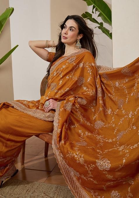 Mustard Embellished Silk Saree Set