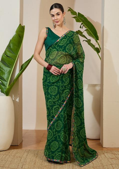 Green Printed Georgette Saree Set