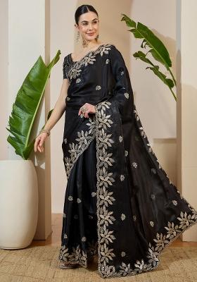 Black Embellished Organza Saree Set