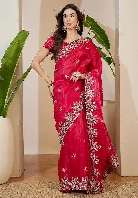 Pink Embellished Organza Saree Set — view on Indya
