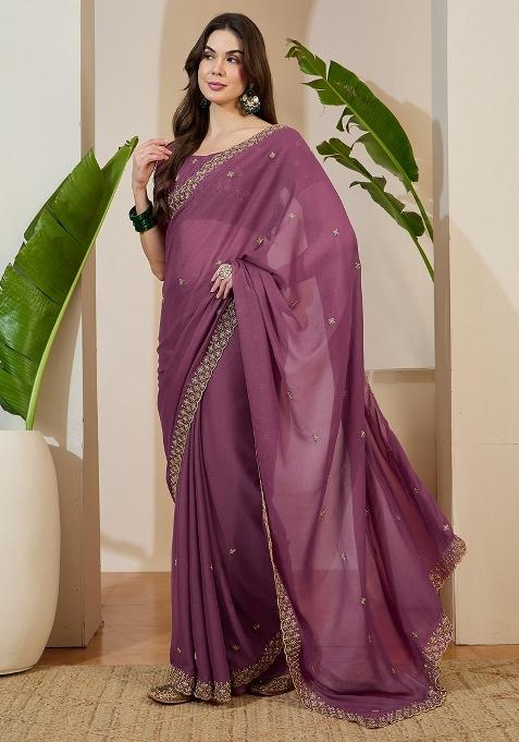 Mauve Embellished Georgette Saree Set