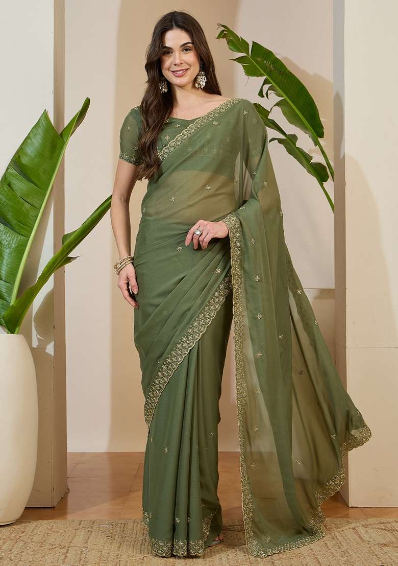 Olive Embellished Georgette Saree Set for Diwali | Wedding & Festive Wear - Indya