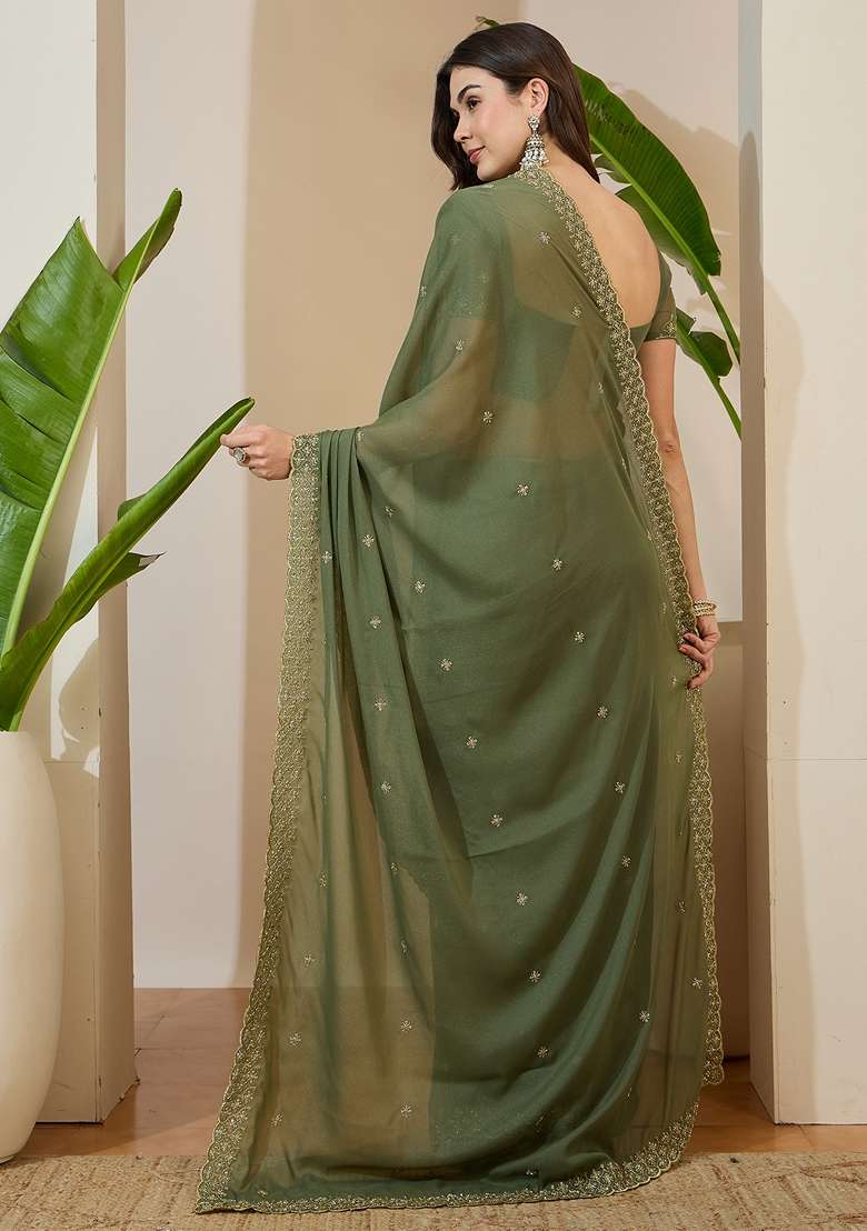 Olive Embellished Georgette Saree Set for Diwali | Wedding & Festive Wear - Indya