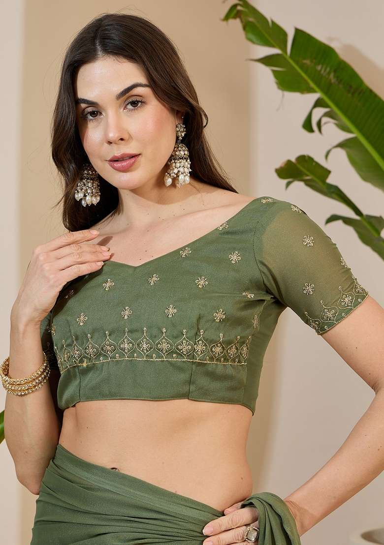 Olive Embellished Georgette Saree Set for Diwali | Wedding & Festive Wear - Indya