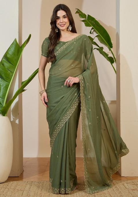 Olive Embellished Georgette Saree Set