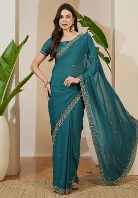 Teal Blue Embellished Georgette Saree Set