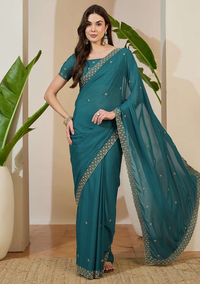 Teal Blue Embellished Georgette Saree Set for Diwali | Wedding & Festive Wear - Indya