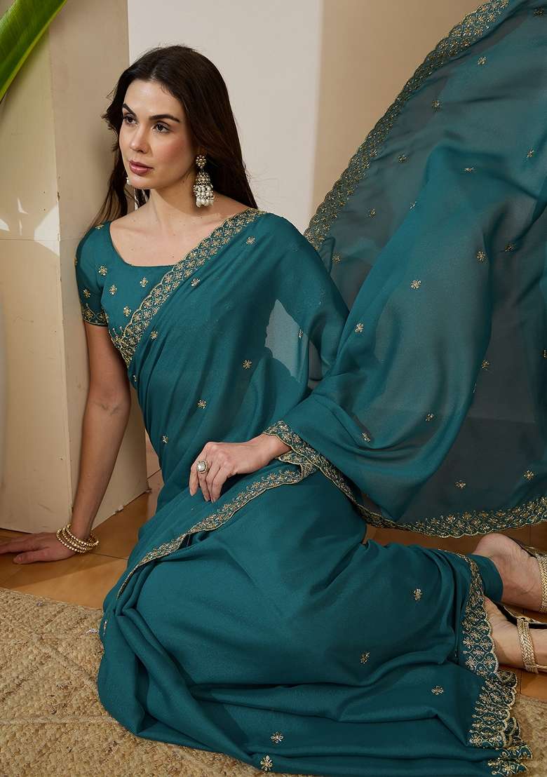 Teal Blue Embellished Georgette Saree Set for Diwali | Wedding & Festive Wear - Indya
