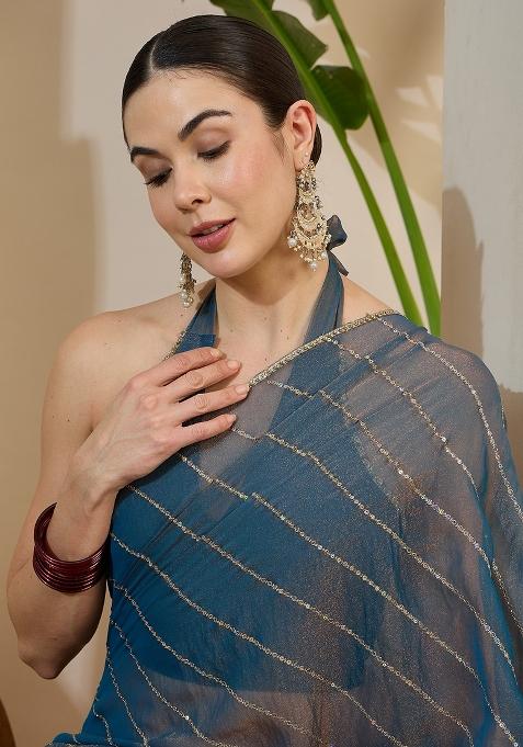 Teal Blue Embellished Tissue Saree Set — view on Indya