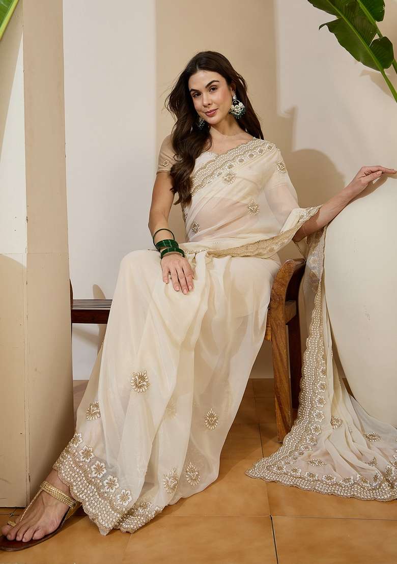 Off White Embroidered Georgette Saree Set - Indya