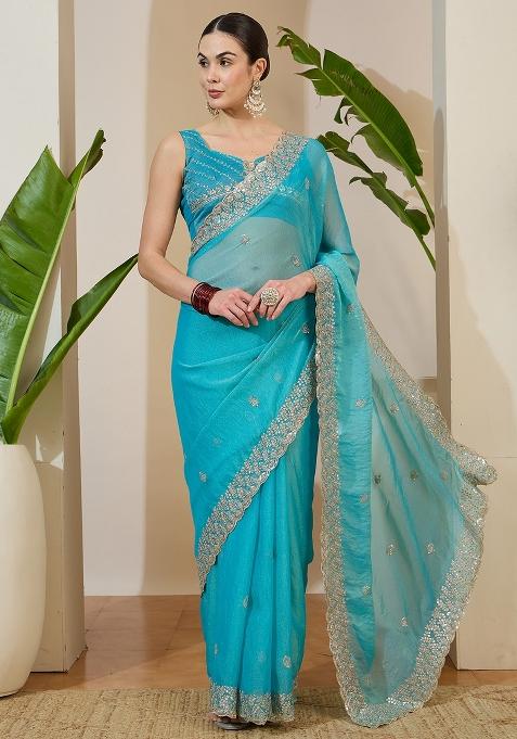 Light Blue Embellished Tissue Saree Set — view on Indya