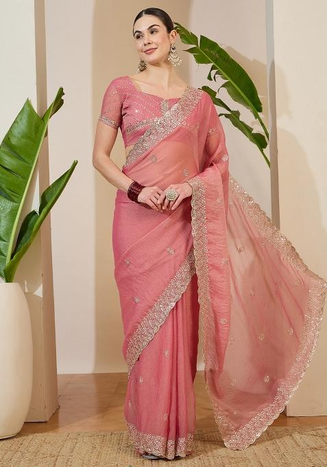 Peach Embellished Tissue Saree Set — view on Indya