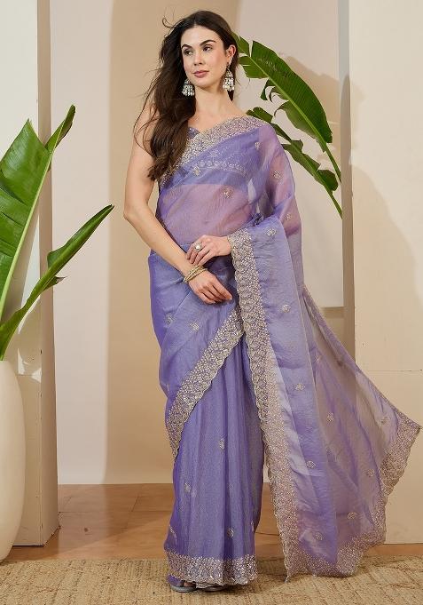 Lavender Embellished Tissue Saree Set