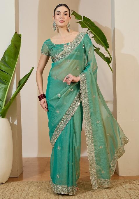Teal Green Embellished Tissue Saree Set