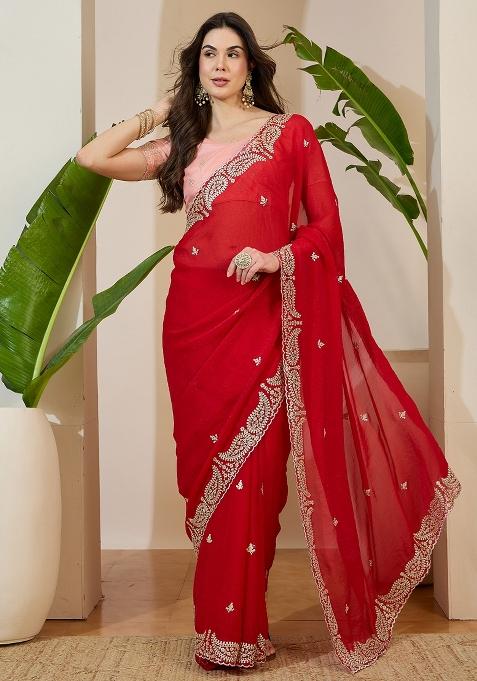Red Embroidered Tissue Saree Set — view on Indya
