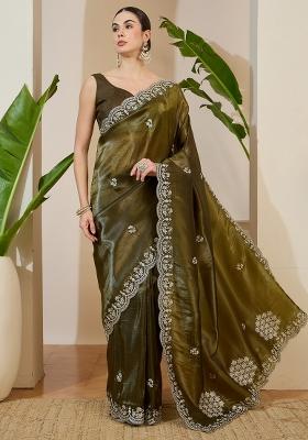 Olive Embroidered Tissue Saree Set