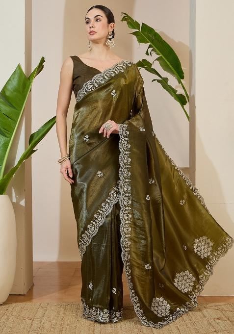 Olive Embroidered Tissue Saree Set