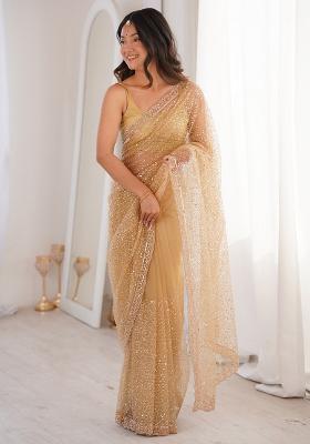 Cream Embellished Net Saree Set