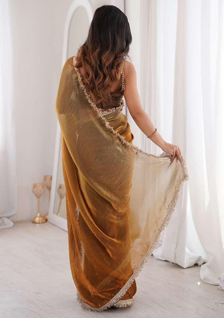Bronze Solid Satin Saree Set for Diwali and Festive Wear - Indya