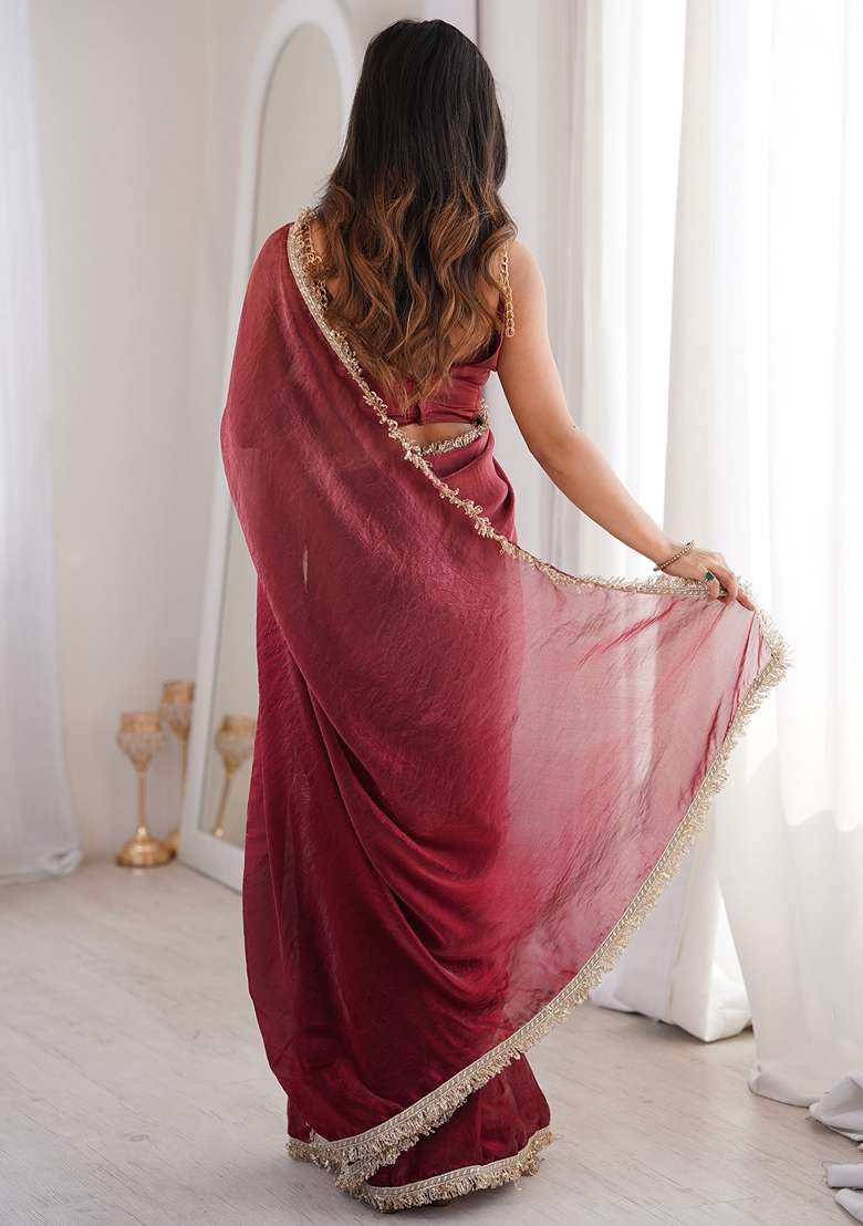Burgundy Solid Satin Saree Set for Diwali | Wedding & Festive Wear - Indya