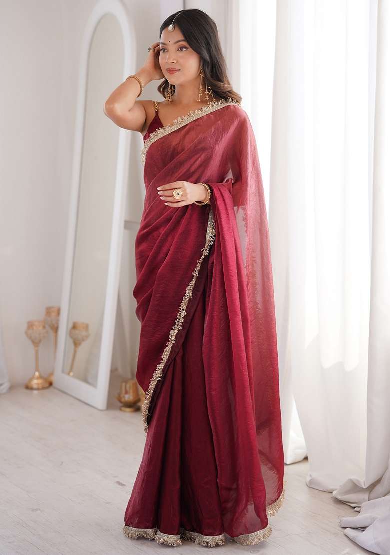 Burgundy Solid Satin Saree Set for Diwali | Wedding & Festive Wear - Indya